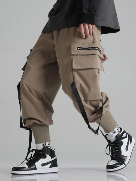 

men flap pockets buckle tape cargo pants 62m3#, Black