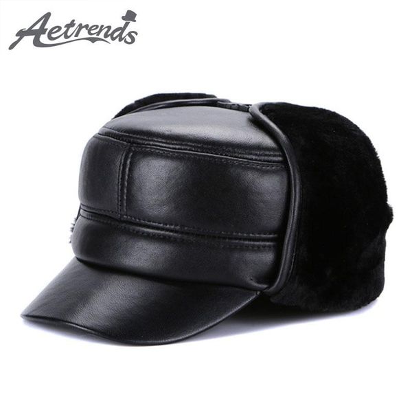

wide brim hats [aetrends] winter hat with ear flaps leather for men flat cap dad caps captain army bomber z-6719, Blue;gray