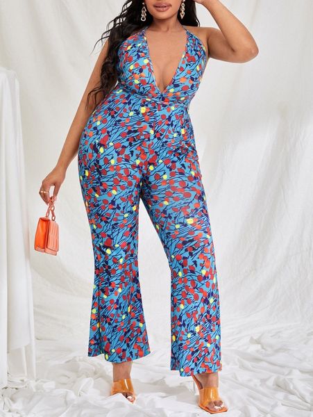

sxy plus plant print crisscross backless knot flare leg jumpsuit b0gt#, Black