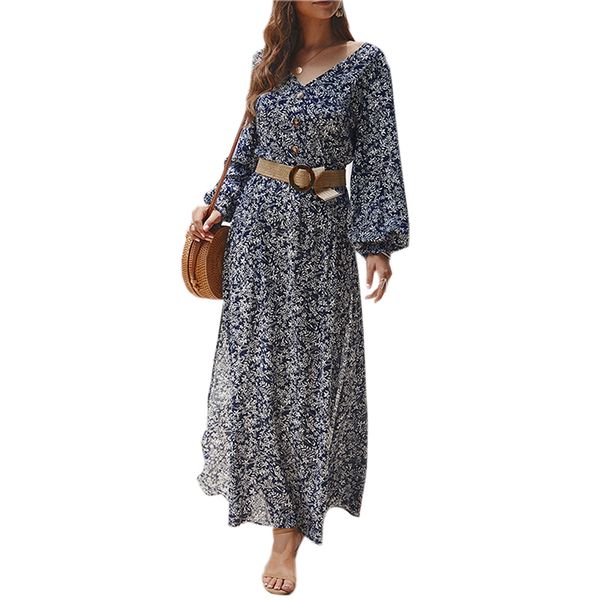 

spring autumn behomian dress 2020 new floral printed women dresses sweet long lantern sleeve v-neck maxi long dress split m0610, Black;gray