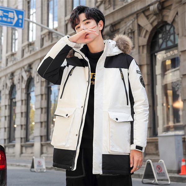 

korean style down mens designer thick warm long coats casual fashion winter hooded outerwear men clothing, Black