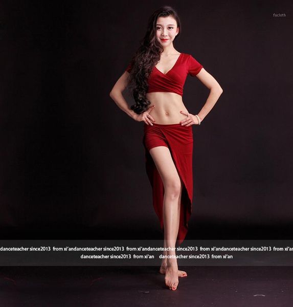 

professional women belly dance clothes modal deed v short skirt 2pcs belly dance set for girls latin suit1, Black;red