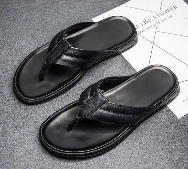 

2020 new fashion men shoes genuine leather slipper man flip flops shoes cool man beach1, Black