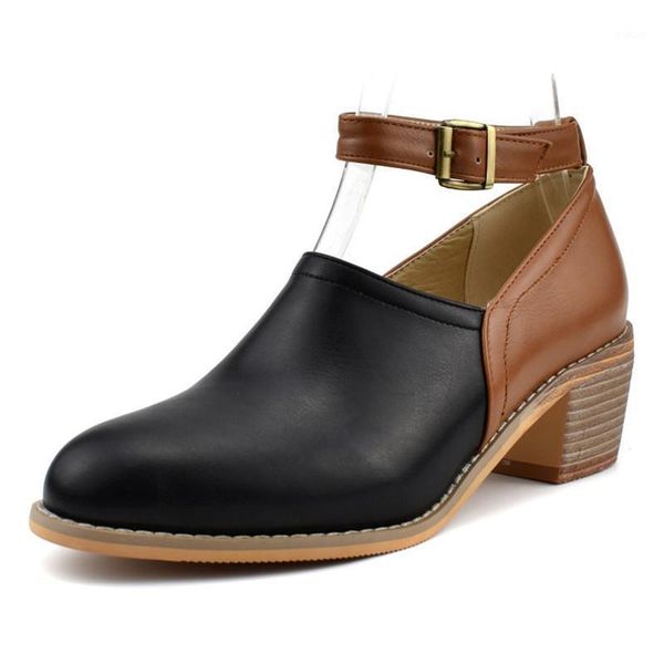 

pxelena vintage ankle strapshoes woman round toe chunky mid heels buckle punk gothic office dating pumps plus size comfort new1, Black
