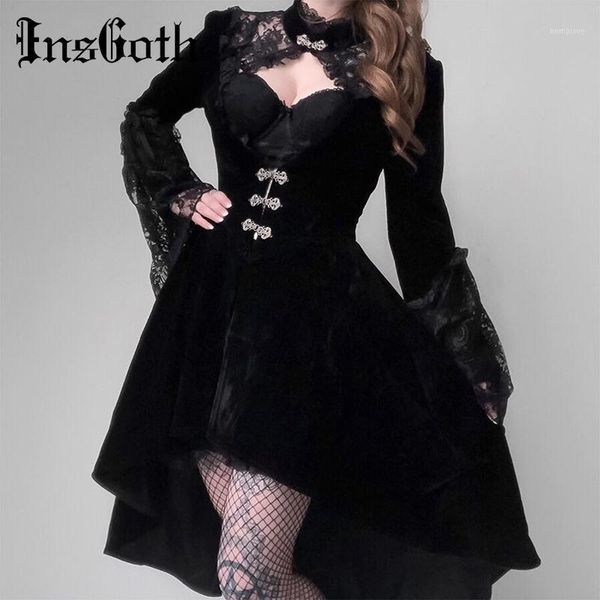 

insgoth vintage black velvet gothic dress women elegant hollow out lace dress patchwork mini female party dresses autumn1, Black;gray