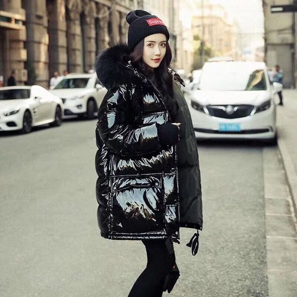

womens down jackets real fur collar hooded long jacket women 2019 winter ladies' down coat plus size loose glossy coats outwear y20010, Black
