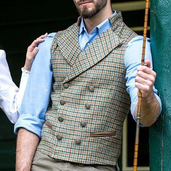 

men's vests men suit vest vintage casual plaid double single breasted waistcoat slim fit party wedding dress gilet homme, Black;white