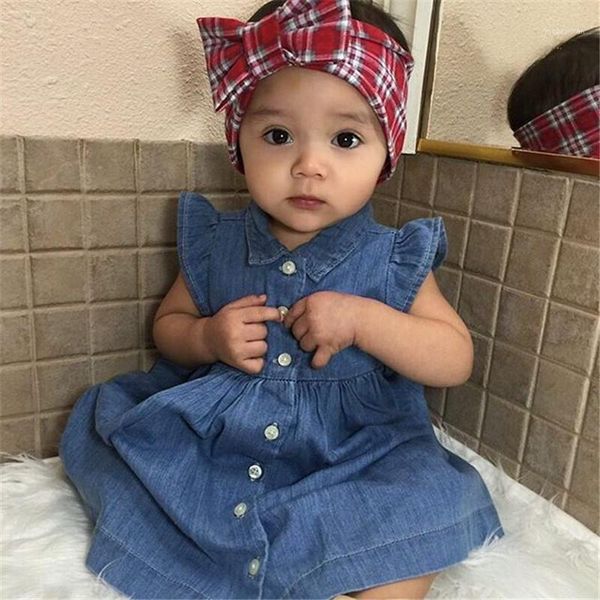 

2020 summer kids baby girl brief clothes denim flying sleeve dress solid outfits sunsuit1, Red;yellow