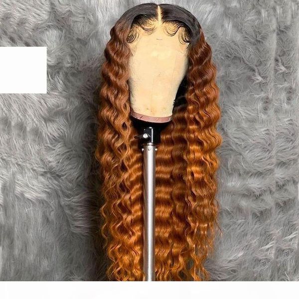

deep wave wig 13x4 color t1b 27 ombre lace front human hair wigs for women bleached knots brazilian remy hair lace wig, Black;brown