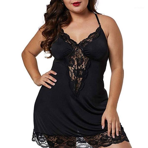 

women lace lingerie deep v-neck sleepwear underwear dress solid plue size nightgown g-string nightdress pyjama femme1, Black;red