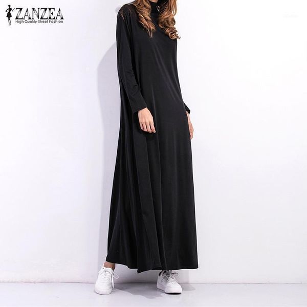 

casual dresses vestidos 2021 spring autumn women long maxi dress ladies turtleneck sleeve solid vintage loose plus size1, Black;gray