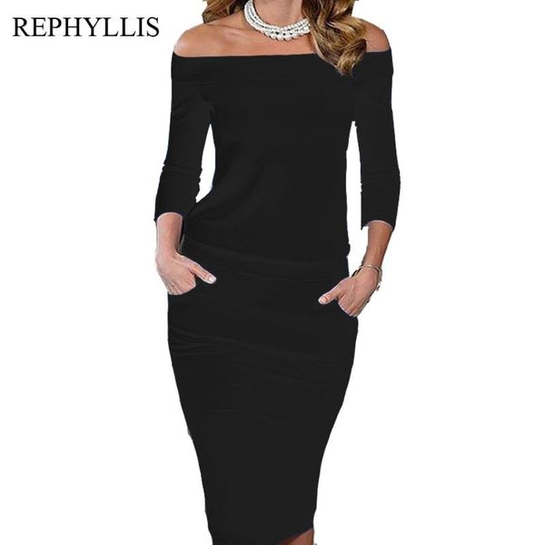 

casual dresses rephyllis women 2/3 sleeve style slash neck pockets robe bodycon office lady business work party cocktail pencil dress, Black;gray
