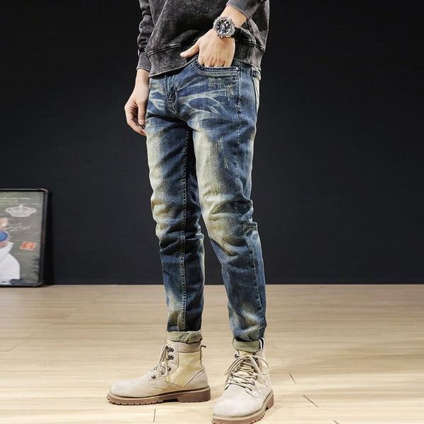 

italian style fashion men jeans elastic cotton slim fit ripped denim trousers vintage designer retro blue pants