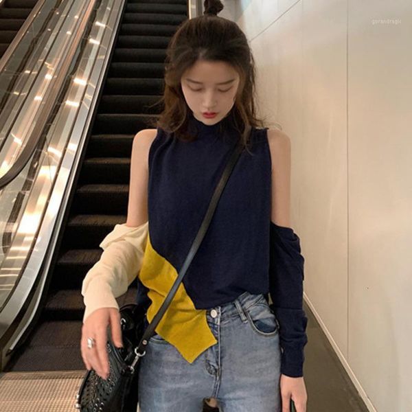 

fashion tide autumn and winter new products fashion round neck off-the-shoulder detachable knit bottoming shirt pb2211, White;black