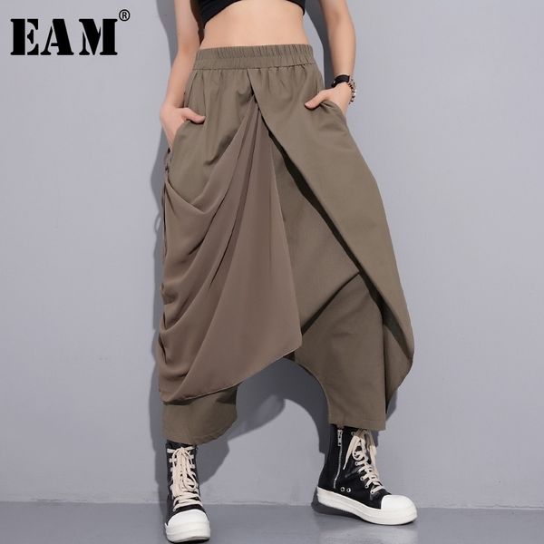 

[eam] new spring high elastic waist black fold bandage stitch loose long cross-pants women trousers fashion jf897 201031, Black;white