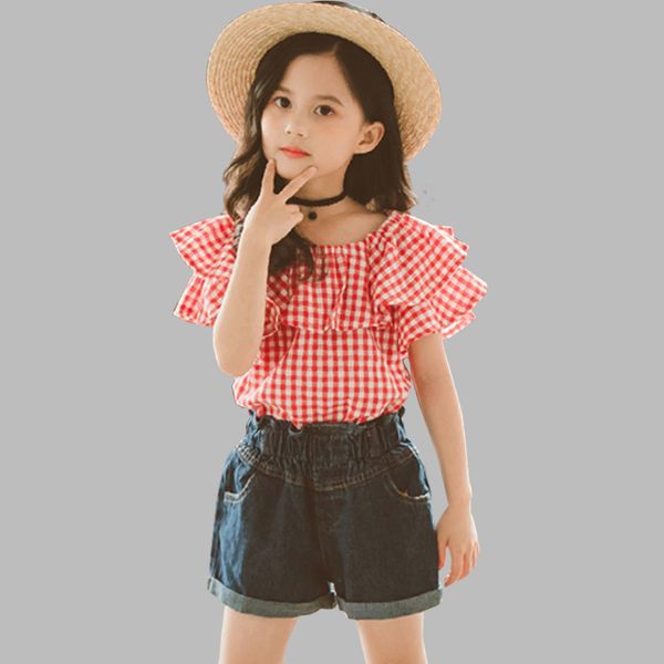 

children clothes plaid pattern tracksuits for girls blouse + denim short outfits for girls casual style kids tracksuit t200707, White