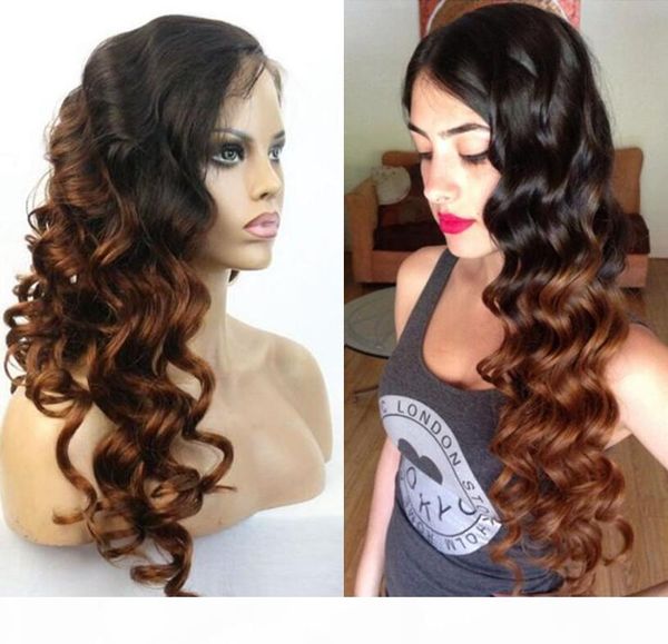 

9a grade 100% real human hair ombre color full lace wig malaysian virgin hair loose curl lace front wig express shipping, Black;brown