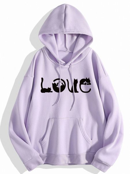 

cat print kangaroo pocket drawstring thermal hoodie 03ww#, White;black