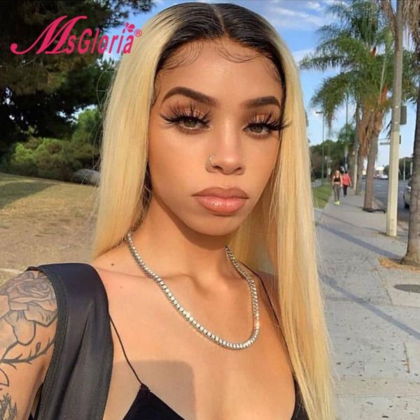 

lace wigs part front wig #1b/613 color straight human hair for women pre plucked with baby bleached knots, Black;brown