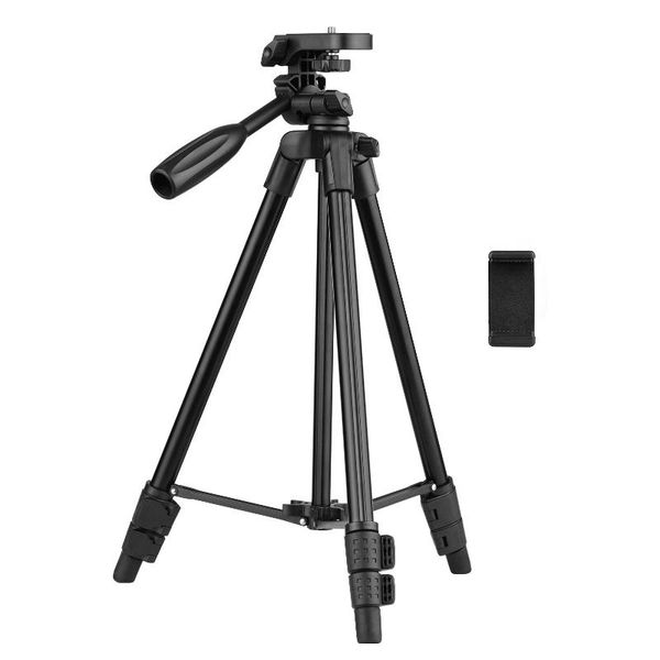 

adjustable height tripod stand 3-way pan head 1/4 mounting with bubble level phone clamp holder carrying bag camera tripod