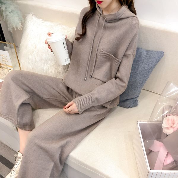 

2021 new oversized two-piece clothes for solid women hoodie loose pocket sweater knitted waistband pants wide leg twq5, Gray