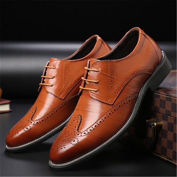 

british style mens formal shoes genuine leather oxford shoes fashion pointed wedding party men flats brogue zapatos, Black