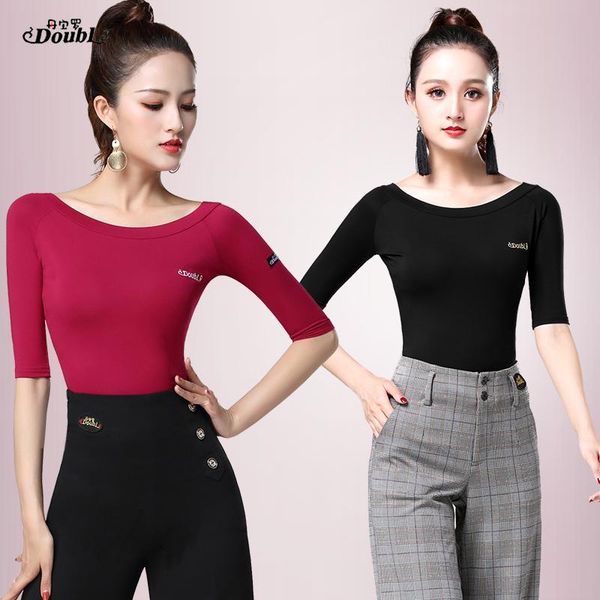 

3 colour vogue boat neck latin costumes latin dance clothes half sleeve red for women class social practice dance wear top, Black;red