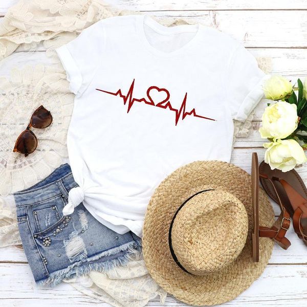 

women graphic love heartbeat sweet camisas mujer cartoon fashion print tees clothing female t shirt shirt womens t-shirt, White