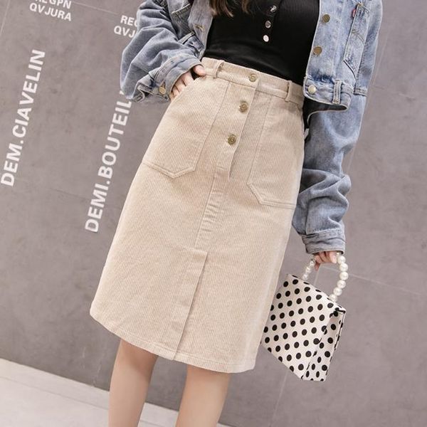 

women 2020 autumn elengant high waist corduroy skirts female button solid color pockets skirts ladies package hip m285, Black