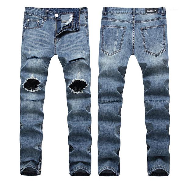 

dropshipping men jeans stretch destroyed ripped design fashion holes ankle zipper skinny jeans for men holes slim fit pants1, Blue