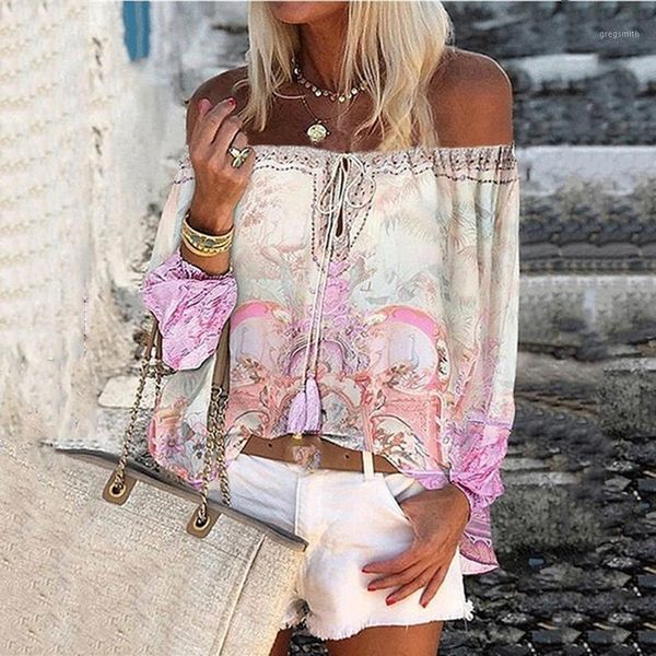

women summer printed blouse ladies tassel flare sleeve slash neck off shoulder beach floral female fashion 1, White