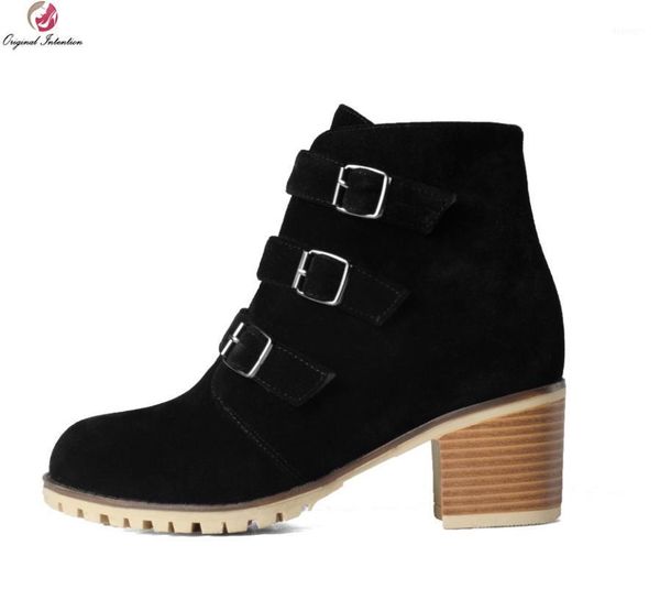 

boots original intention elegant women ankle round toe square heels black shoes woman us size 4-10.51
