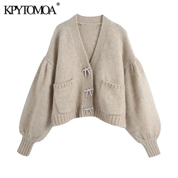 

kpytomoa women fashion with rhinestone buttons knitted cardigan sweater vintage long sleeve loose female outerwear chic 201030, White