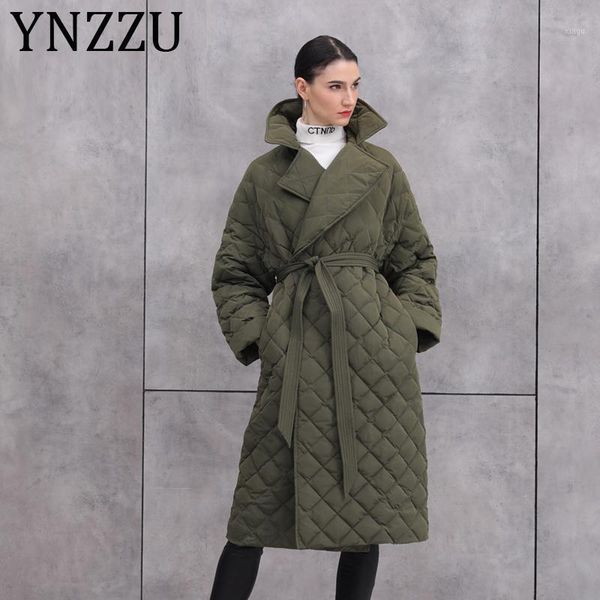 

ynzzu 2020 winter women's down jacket solid elegant long 90% white duck down coat warm female outwear sashes a13941, Black