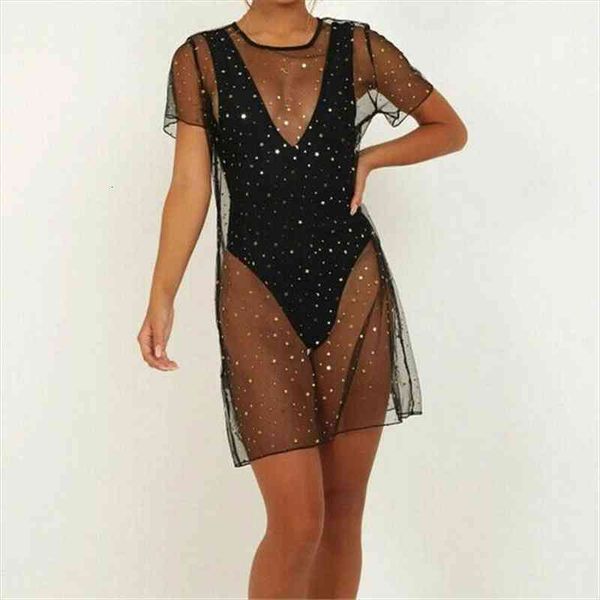 

beach wear women black sequined swimsuit cover up swimwear bathing suits summer loose pareo cover ups mini dress, White;black