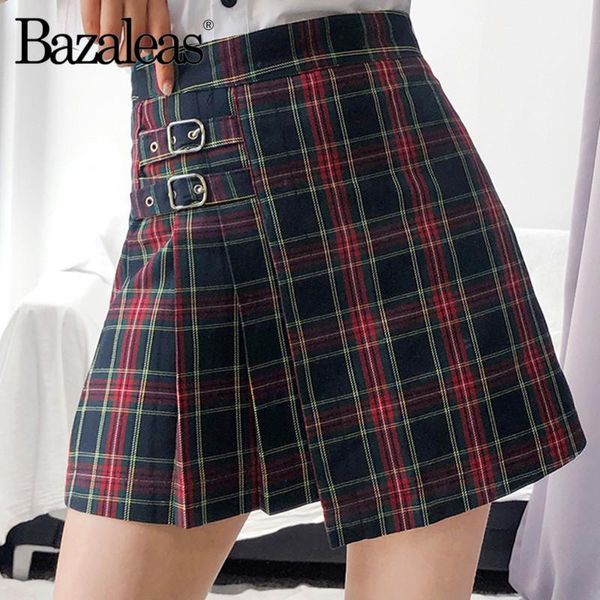 

bazaleas streetwear plaid tartan skirts fashion high waist mini skirts womens vintage women a-lin skirt split skirt casual1, Black