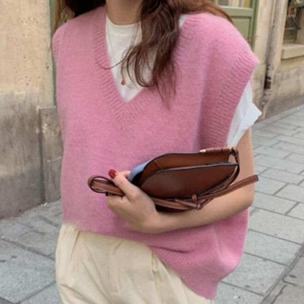 

ewq] winter new 2020 women casual loose v-neck solid color pink loose short minimalist sleeveless knitting vest coat 8q4181, Black;white