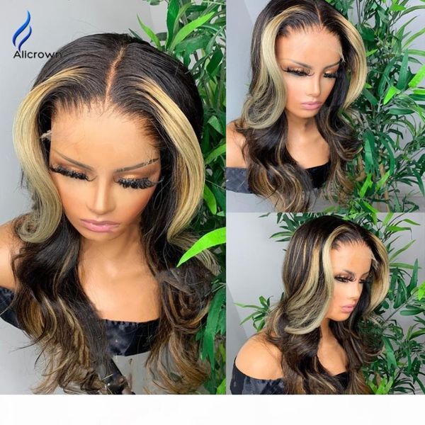 

alicrown 180% density ombre t-part lace front human hair wigs for women brazilian lace wigs non-remy pre-plucked, Black;brown