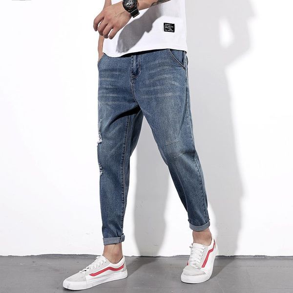 

men's elastic stretch jeans pants loose fit denim trousers men's brand fashion spring autumn wear and washed jean pants, Blue