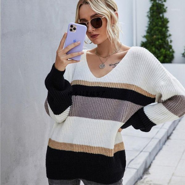 

women's sweaters 2021 autumn and winter ins net red fashion hedging striped v-neck large size loose long-sleeved sweater warm women1, White;black