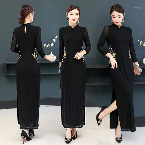 

coigarsam 4xl plus size cheongsam embroidery women dress new vintage mandarin collar mesh dresses black 11021, Black;gray