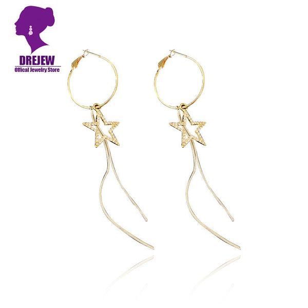 

drejew long tassel gold circle star statement hoop earrings korean high street fashion rhinestone earrings women wedding party, Golden;silver