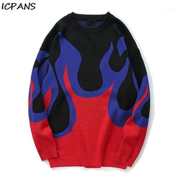

icpans loose style men's sweaters flame sweater men 2020 winter pullover hip hop sweater streetwear clothing1, White;black