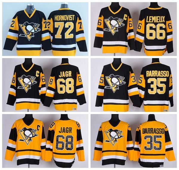 

pittsburgh penguins jerseys ice hockey 66 mario lemieux 68 jaromir jagr 35 tom barrasso 72 patric hornqvist retro black yellow, Black;red