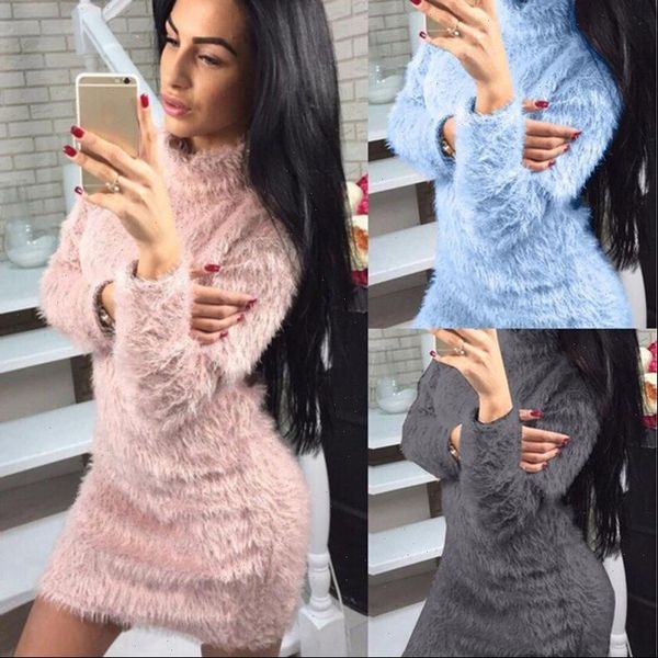 

winter plush warm sweater dress women long sleeve turtleneck dresses party bodycon mini dress bandage knitted vestidos female, Black;gray