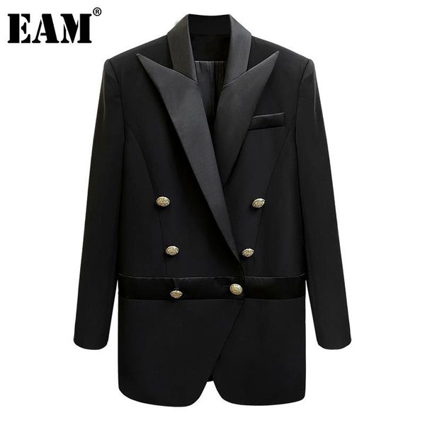 

eam] women double breasted contrast color blazer new lapel long sleeve loose fit jacket fashion spring autumn 2021 1da182, White;black