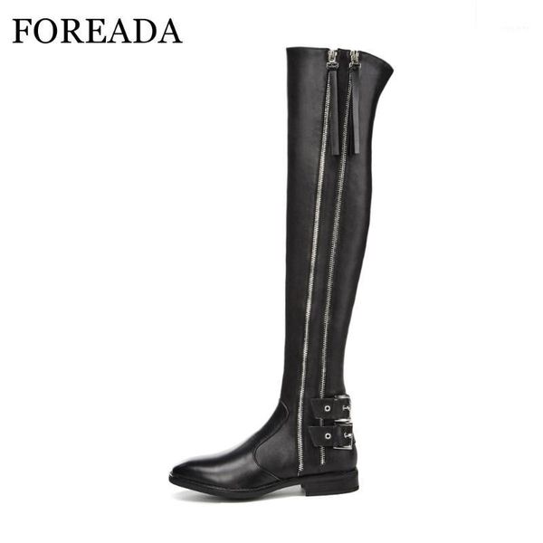 

foreada rivets motorcycle boots winter fashion real leather riding boots buckle thick heel over the knee zipper black 20201