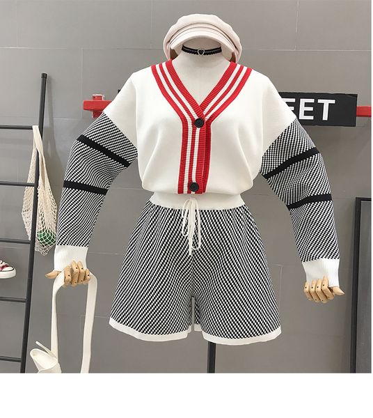 

amolapha women knit striped jackets+shorts sets long sleeve v neck single breasted jumpers coats short pants suits for woman y200110, White