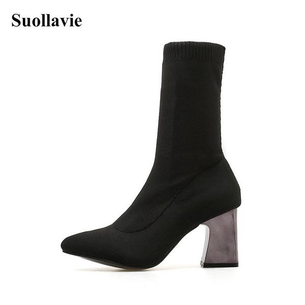 

boots women sock ultra high heels shoes ankle party casual metal platform, Black