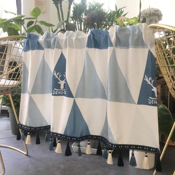 

blue triangles pattern kitchen coffee short curtain american tassel half curtain decor bedroom bay window cabinet drapes dlx030f